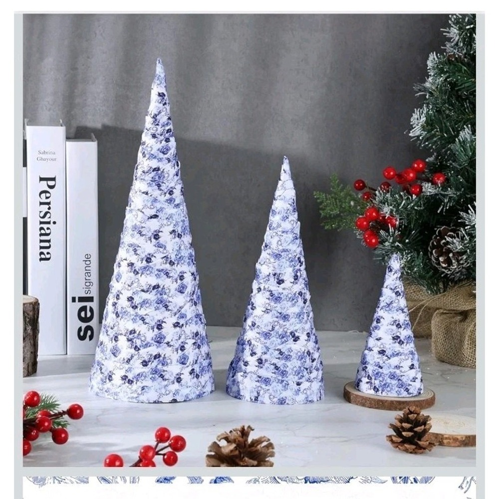 14'' 10'' 6'' Christmas Cone Tree Decorations Blue and White Table...